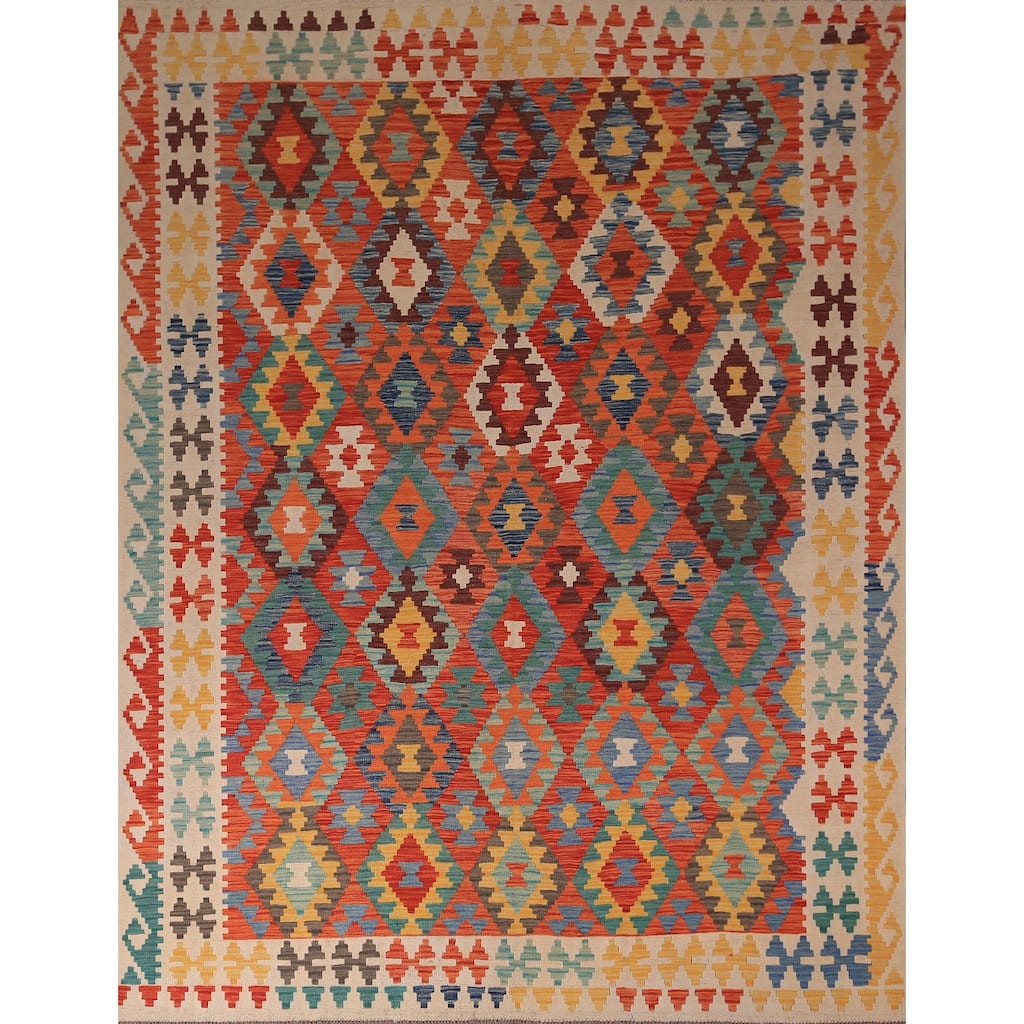 South Western Style Kilim Area Rug Flatweave Wool Carpet - 8'1" x 9'10"