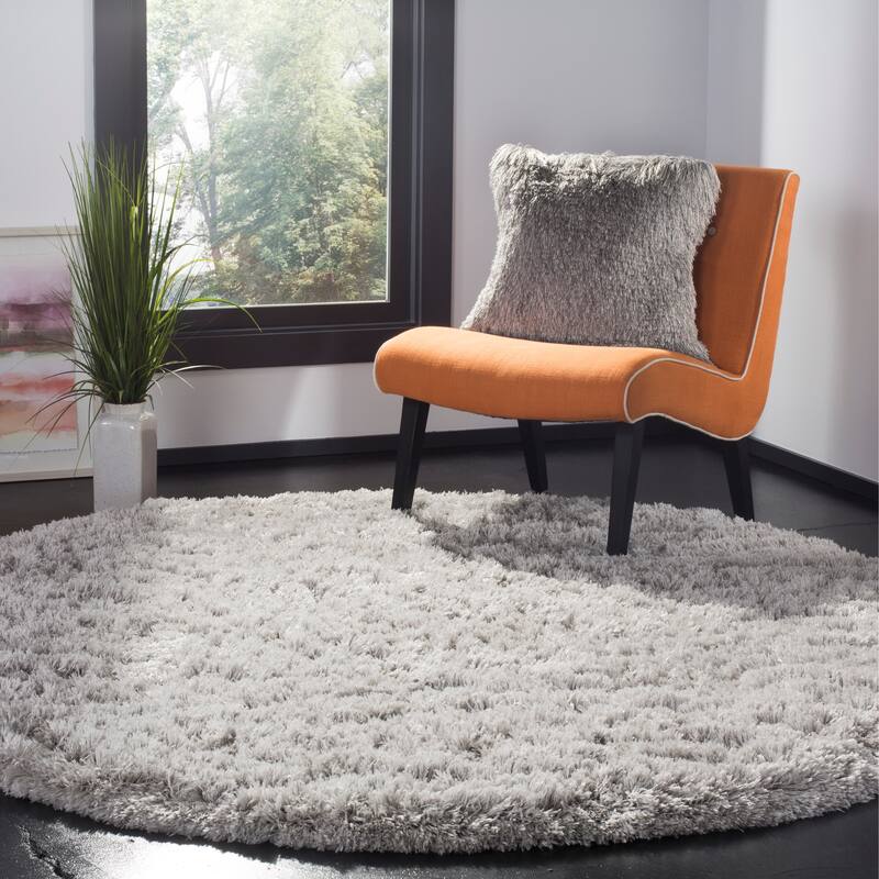 SAFAVIEH Polar Shag Alabama Glam Solid 3-inch Extra Thick - 6'7" x 6'7" Round - Silver - Runner/Round