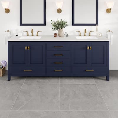 Aberdeen 84"W Blue DS Bath Vanity with Carrara Quartz Top