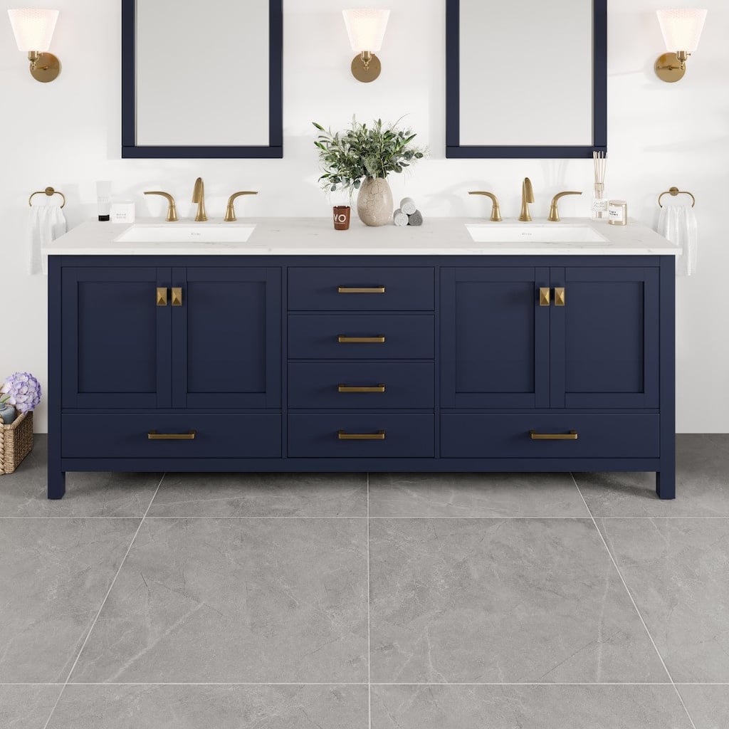 Aberdeen 84"W Blue DS Bath Vanity with Carrara Quartz Top