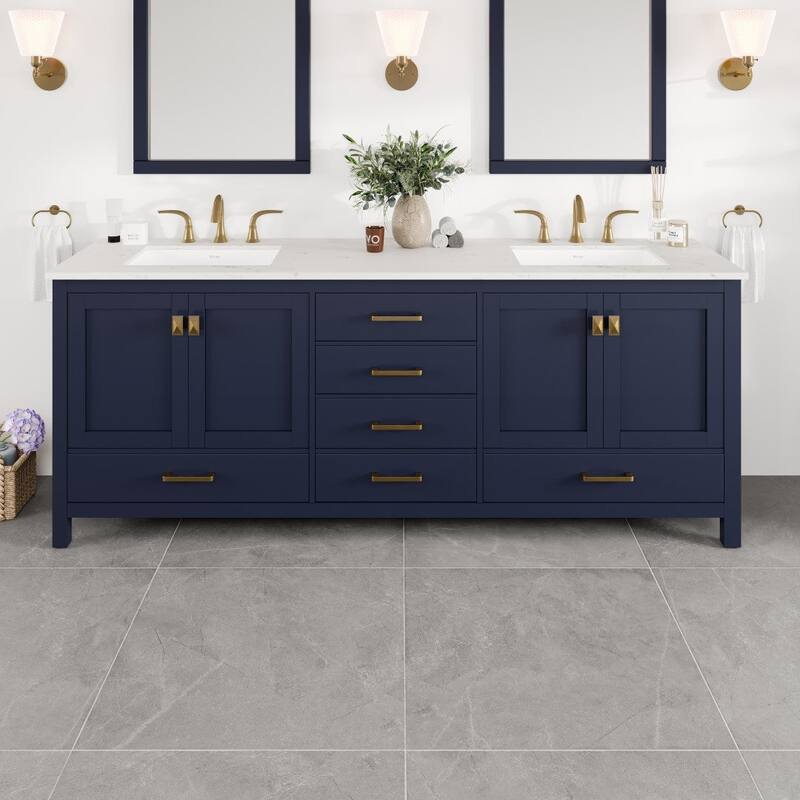 Aberdeen 84"W Blue DS Bath Vanity with Carrara Quartz Top