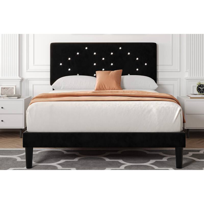 Bed Frames, Velvet Upholstered Bed Frame with Vertical Channel Tufted & Sturdy Wood Slats