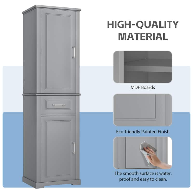 72" Tall Bathroom Storage Cabinet with Drawer, 2 Doors, Adjustable Shelves and Door Rack, Freestanding MDF Organizer