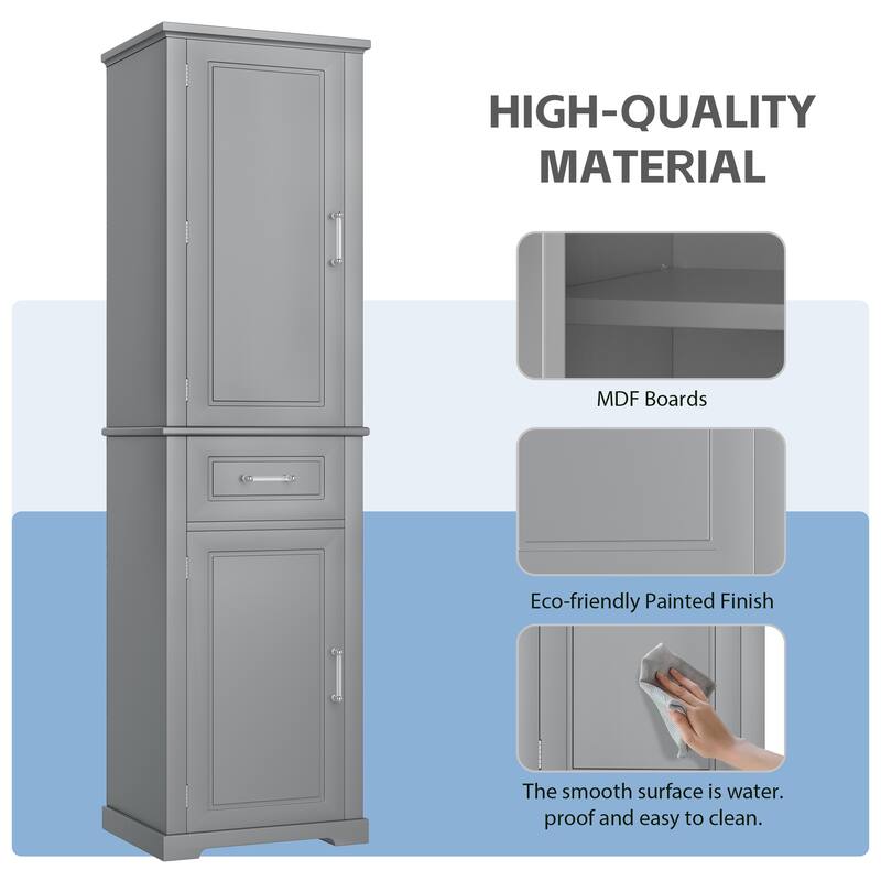 72.2" Tall Bathroom Storage Cabinet - Freestanding with 2 Door Sizes, Adjustable Shelf, MDF Board, Painted Finish