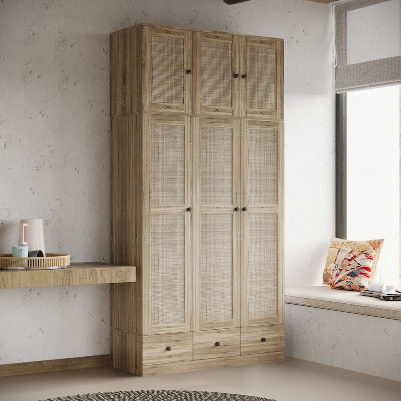 Large Storage Wardrobe Versatile Rattan Door Closet with Deep Drawers