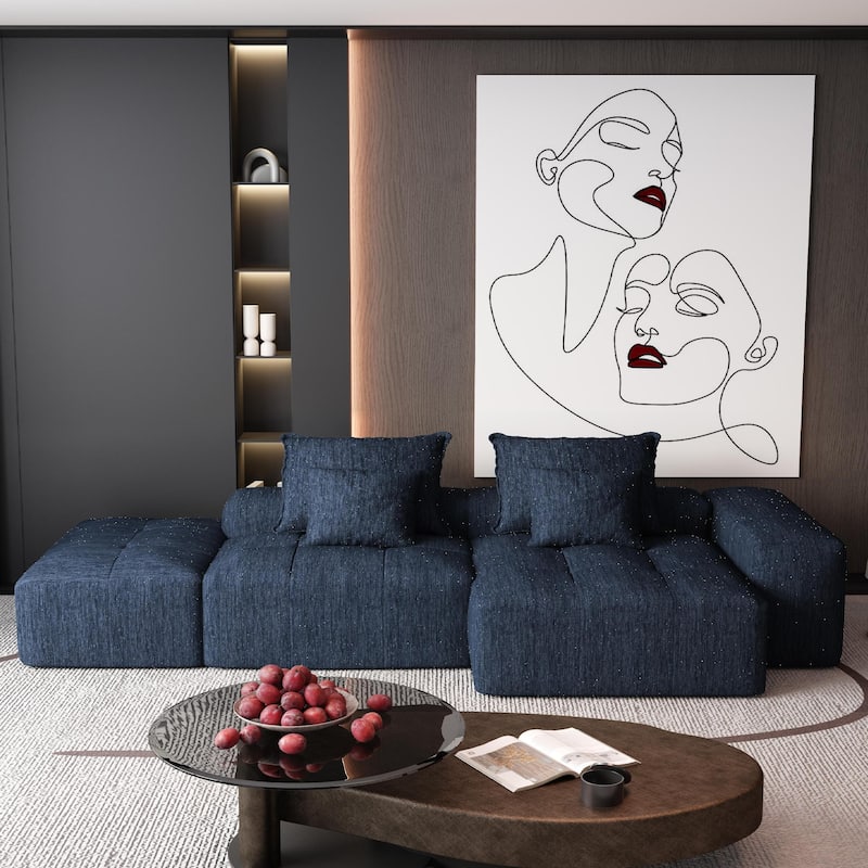 Modern Oversized Modular Sectional Sofa in Blue with Sparkling Chenille Fabric and No Assembly
