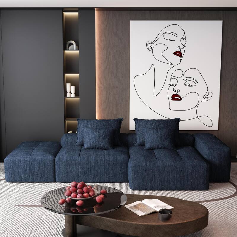 Oversized Floor Sectional Sofa with Ottoman & Chaise Lounge, Chenille Fabric Modular Couch with 4 Pillows for Living Room