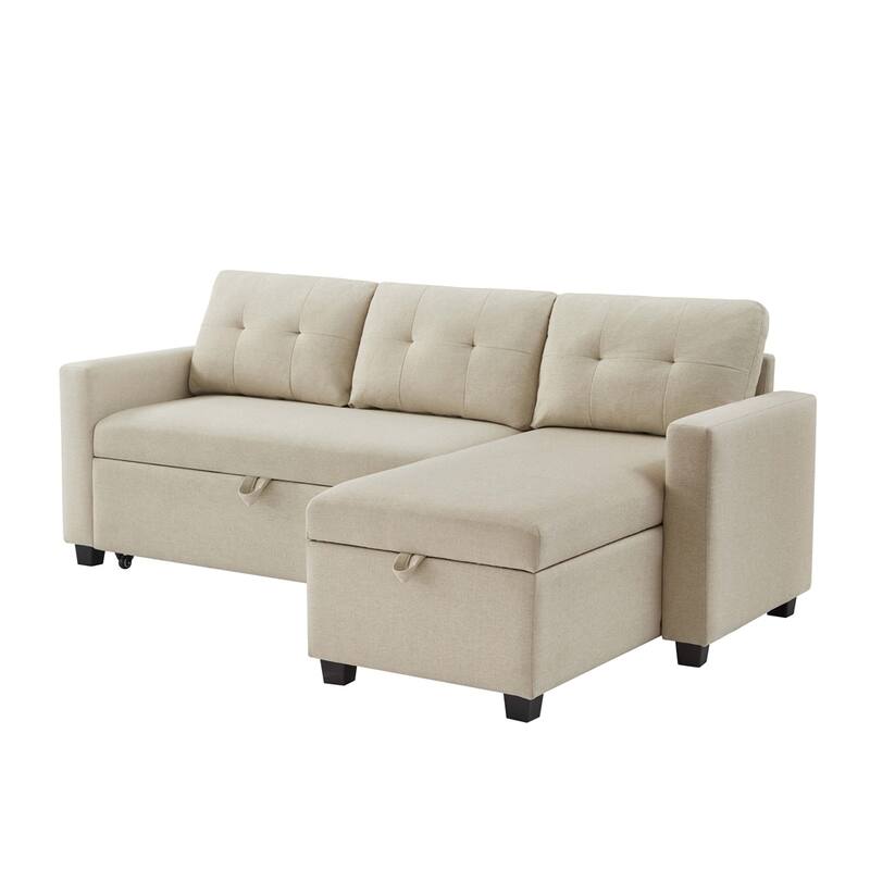 Modern Upholstered Pull Out Sectional Sofa with Storage Chaise