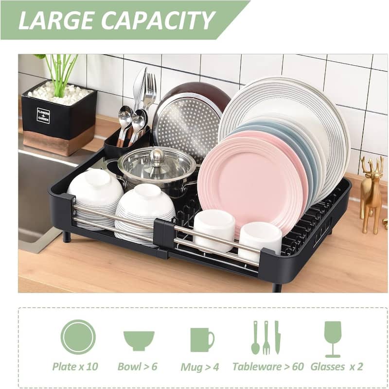 Dish Drying Rack for Kitchen Counter, Extendable Dish Rack with Drainboard