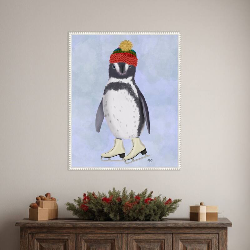 Penguin Ice Skating by Fab Funky (23 x 28 in.), Framed Canvas Wall Art Print - Sylvie Beaded White