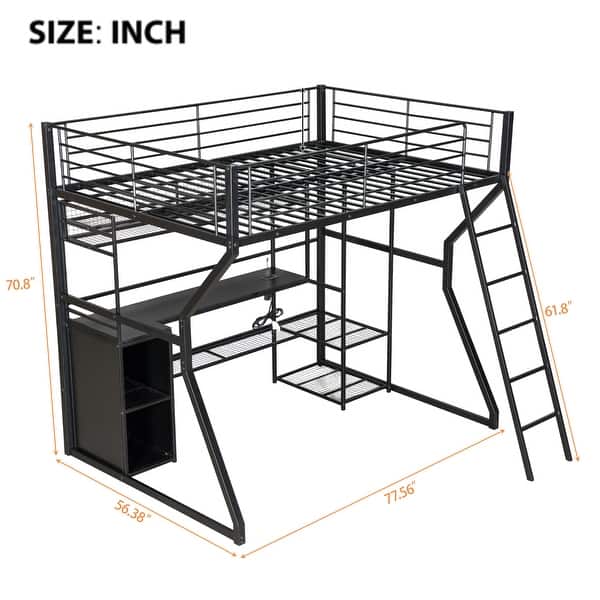 Full Size Gaming Loft Bed with Built-in Desk & Open Wardrobe, Space-Saving Metal Loft Bed Frame w/LED Lights & Charging Station