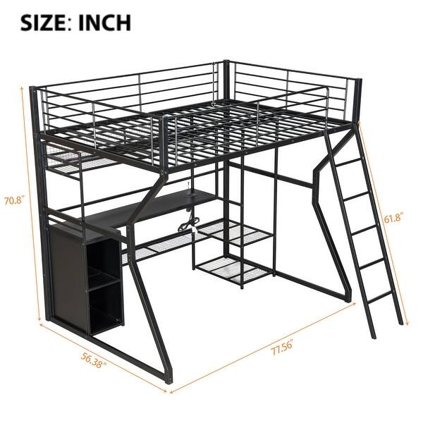 Full Size Metal Gaming Loft Bed with Built-In Work Station, Open Wardrobe, LED and Multiple Storage