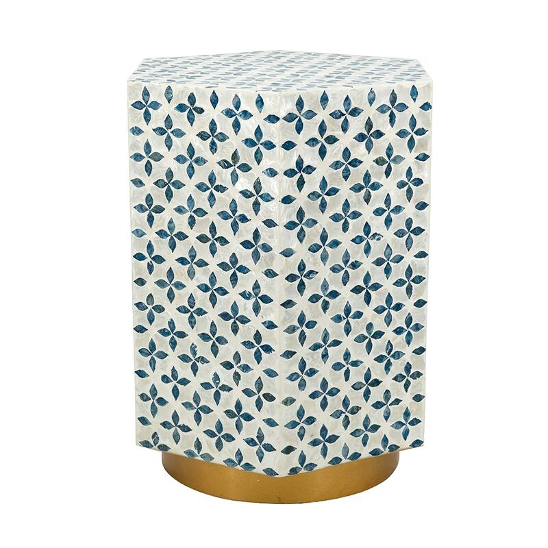 15x13x18.5" Hexagonal Accent Table with Blue Capiz Design and Gold Base - Blue,Cream White+Gold