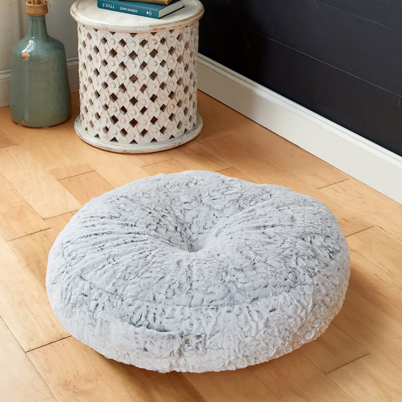 Sorra Home Circle Indoor Faux Fur Tufted Floor Pillow with Handle - 24 in x 24 in x 5 in - Fauxchilla Silver Fox