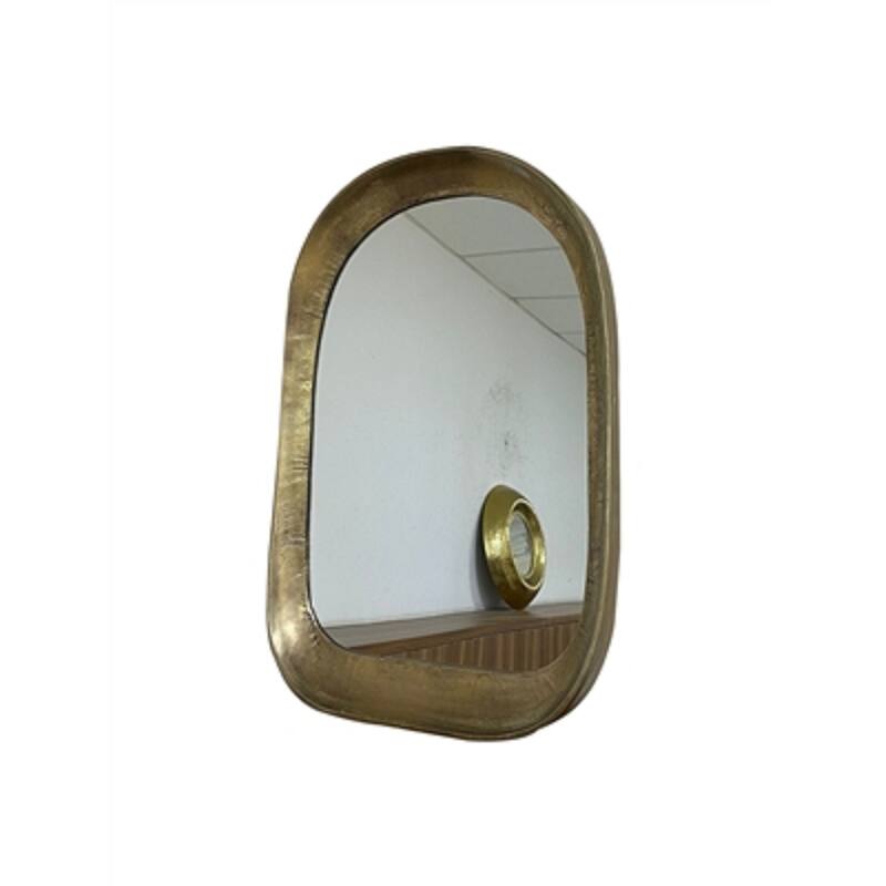 Brass-Finish Curved Border Wooden Framed Window Wall Mirror - 35.5"