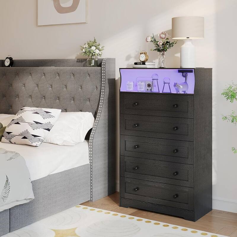 5 Drawer Dresser for Bedroom with Charging Station & LED Lights