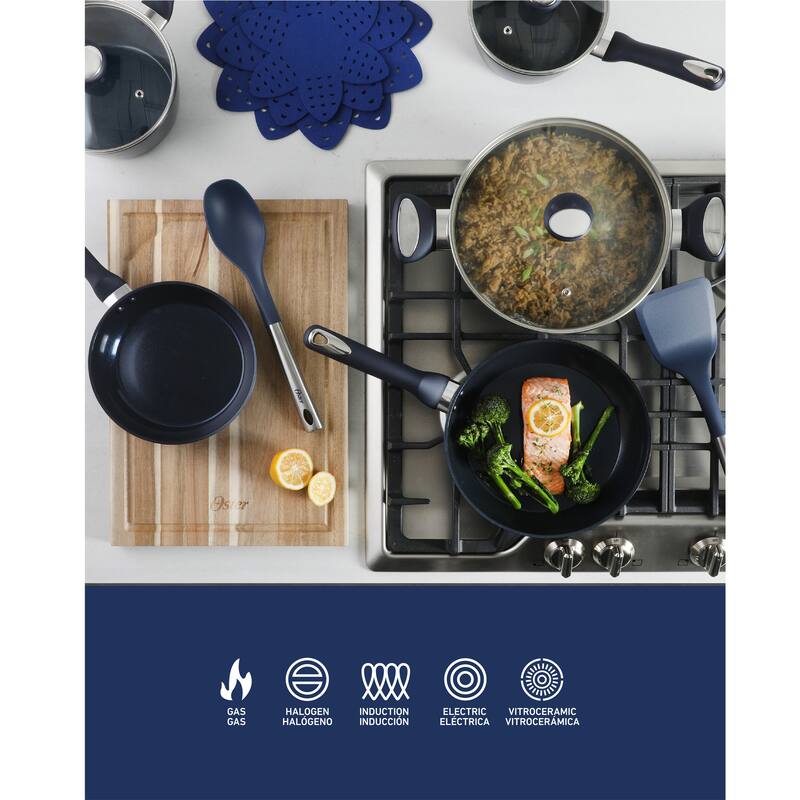 Oster Hawke 14 Piece Aluminum Premium PFA Free Ceramic Nonstick Blue Sapphire Pots and Pans Cookware Set W/ Induction Base