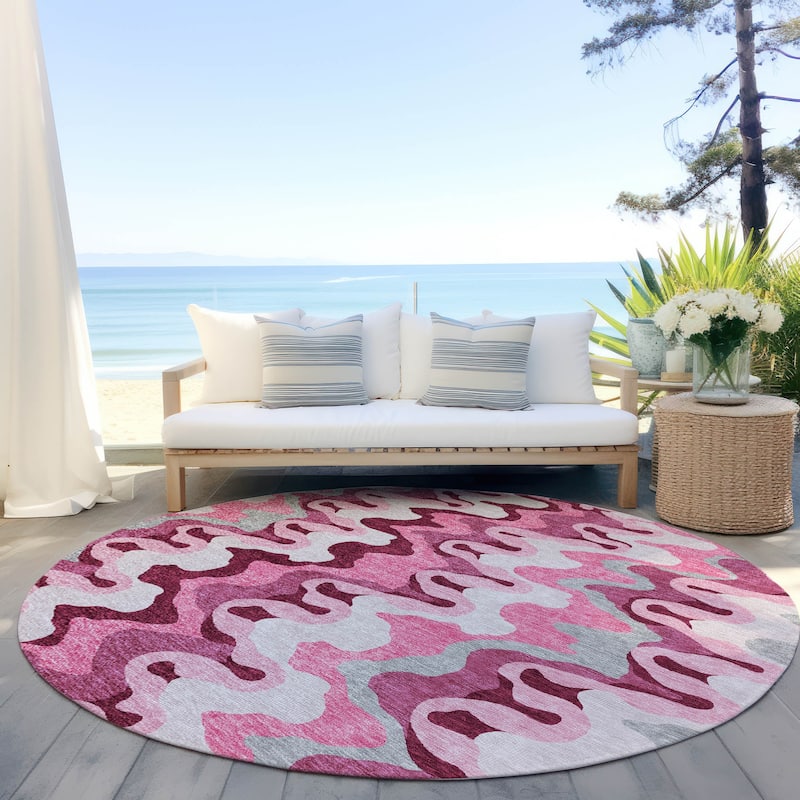 Machine Washable Indoor/ Outdoor Chantille Abstract Ripples Rug - Blush - 8' x 8'