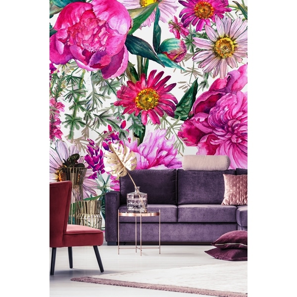 Bright Pink Floral Wallpaper Mural - Overstock - 32617084