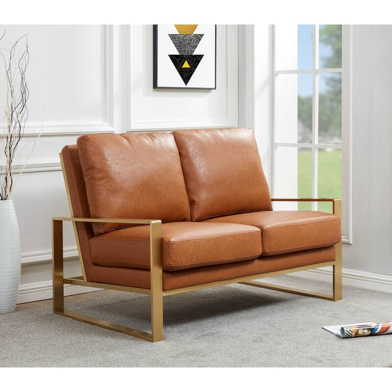 Jefferson Modern Leather/Velvet Loveseat Sofa with Silver/Gold Frame, Removable Cushions Couch for Home and Office