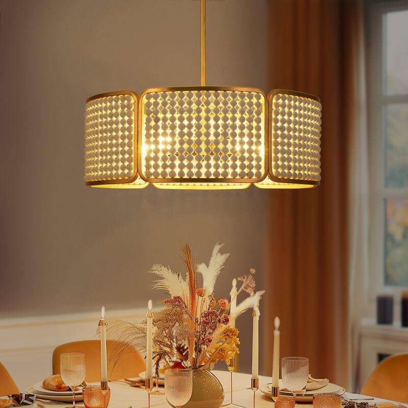 Modern 5-Light White Gold Chandelier with Goldleaf White Wooden Beads for Dining Room - 22 " W × 7.9 " H