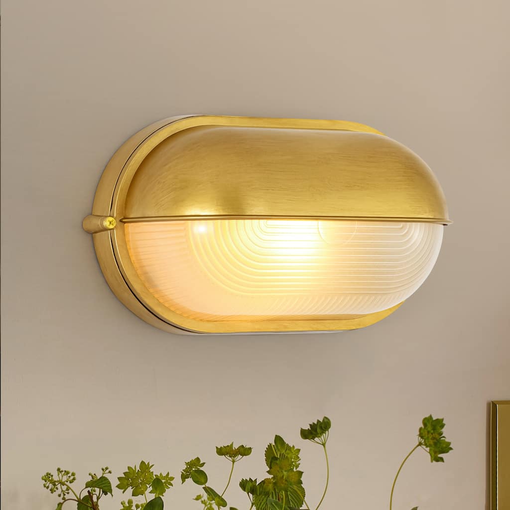 11"W 1-Light Retro 40W Oval Painted Gold Finish Wall Sconce with Clear Rippled Glass - 11.0 in. W x 6.3 in. H x 4.7 in. D