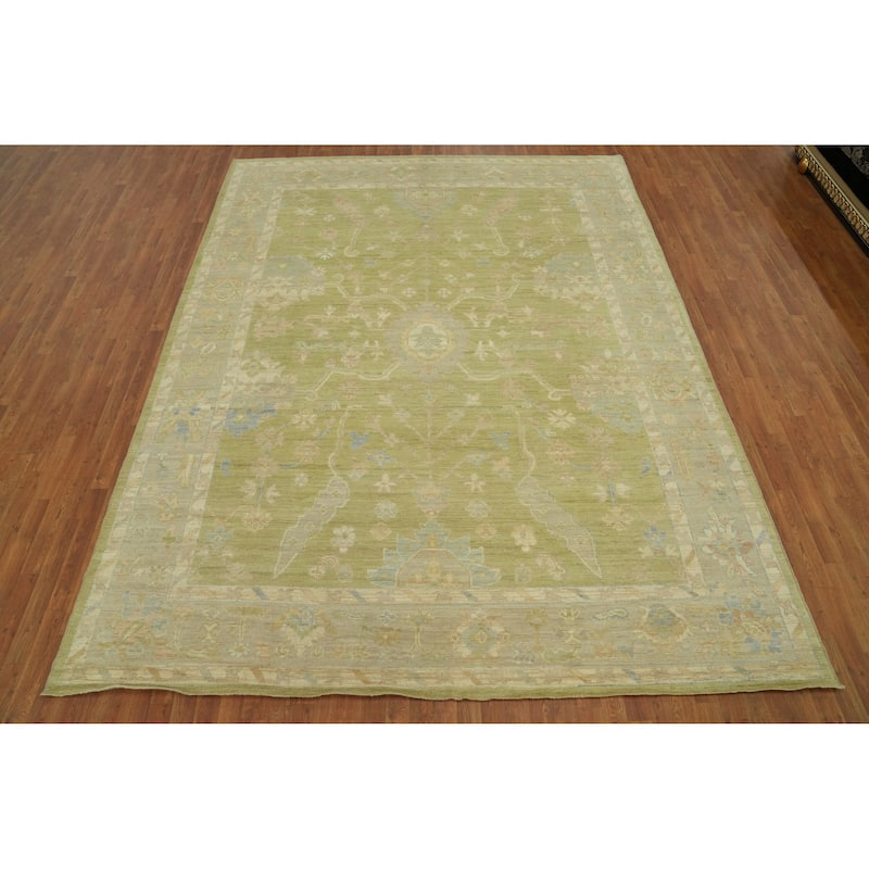 Vegetable Dye Green Oushak Turkish Area Rug, Floral Geometric Carpet - 11' 11'' X 9' 3''