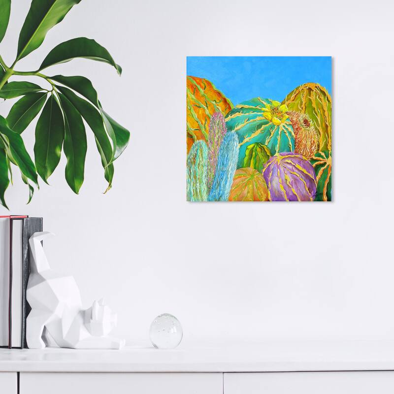 Wynwood Studio Canvas Floral and Botanical Vivian Fache - Giro-Cactus II Left Blue and Tropical Wall Art Canvas Print - 12 x 12