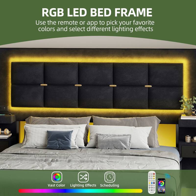 Queen Size Velvet Bed Frame with Upholstered Headboard LED Lighting and Built-in Charging Station for Modern Bedroom Luxury