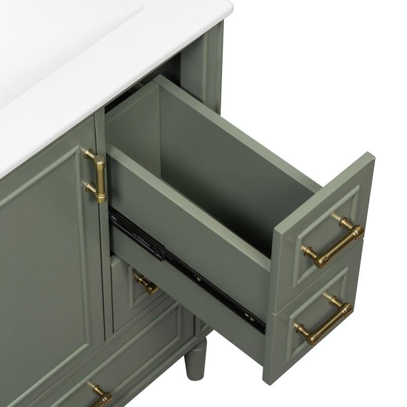 24" Modern Bathroom Vanity with Ceramic Sink, Soft-Close Door, 3 Drawers, Gold Handles & Door Rack
