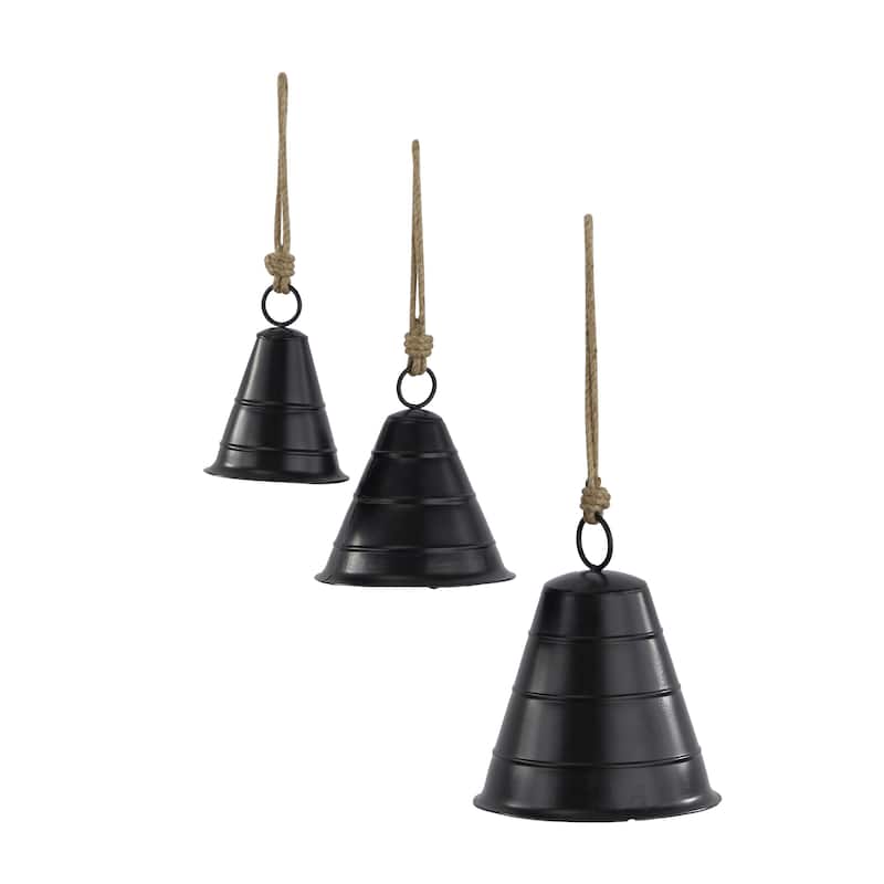 Metal Tibetan Inspired Decorative Cow Bells with Jute Hanging Rope - Set of 3 Black or Bronze - Roche River Decor - Black