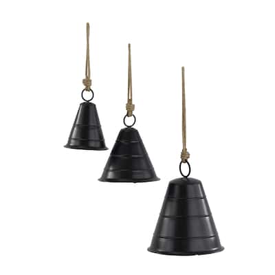 Metal Tibetan Inspired Decorative Cow Bells with Jute Hanging Rope - Set of 3 Black or Bronze - Roche River Decor