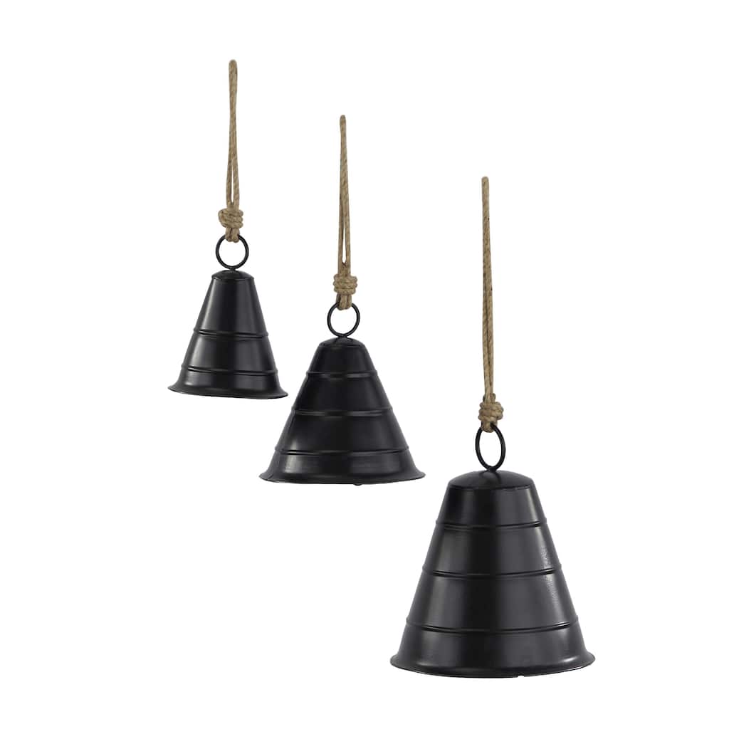 Metal Tibetan Inspired Decorative Cow Bells with Jute Hanging Rope - Set of 3 Black or Bronze - Roche River Decor
