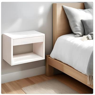 Whitewash Solid Birch Floating Nightstand with a Drawer - Bed Side Table
