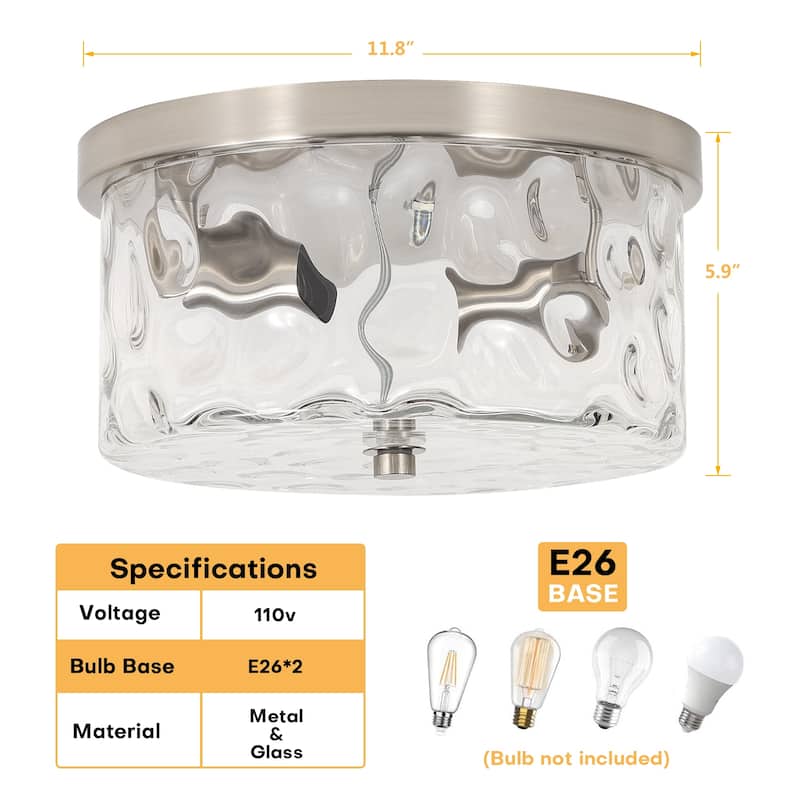 2-Light Flush Mount Ceiling Light with Water Ripple Glass