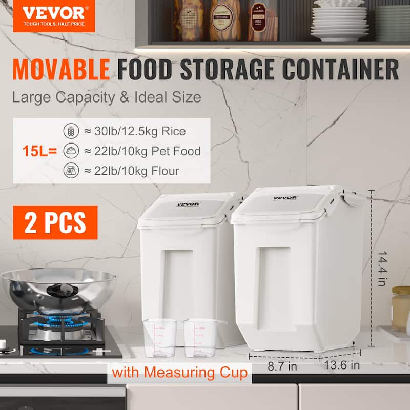 VEVOR 2 x 15L Ingredient Storage Bin with Measuring Cups, Casters & Airtight Lid for Pet Food - 2x15L