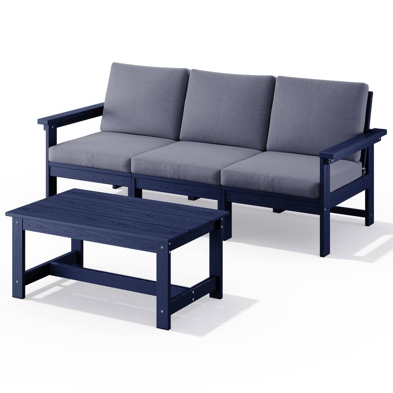 Outdoor Patio HDPE 3-Seat Sofa and Coffee Table Set, Removable Cushions Included - Navy & Blue Gray