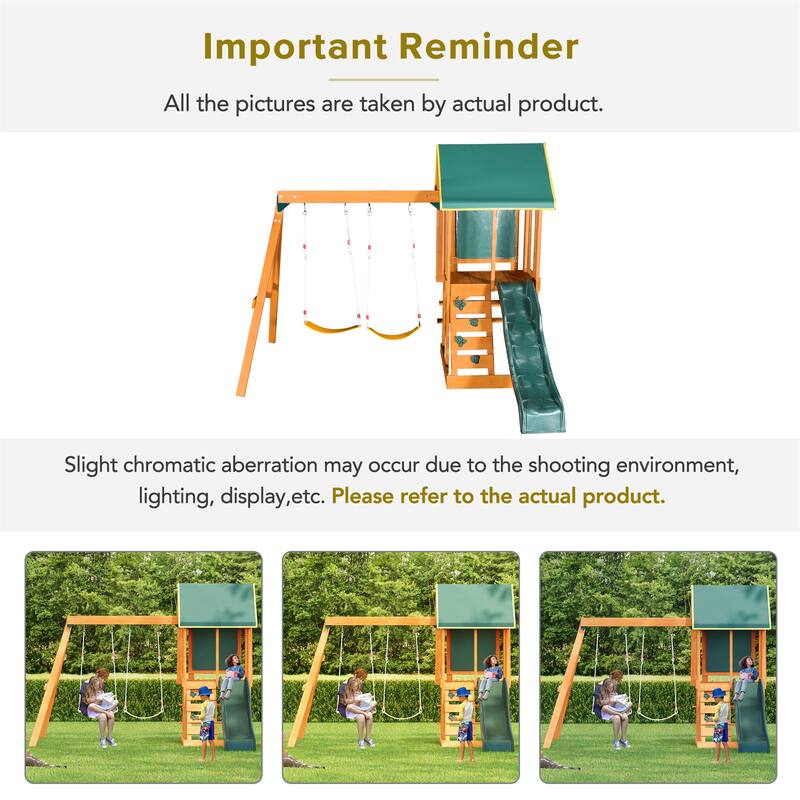 Outdoor 3 in 1 Wood Swing Set with Slide, 2 Swings and Climber
