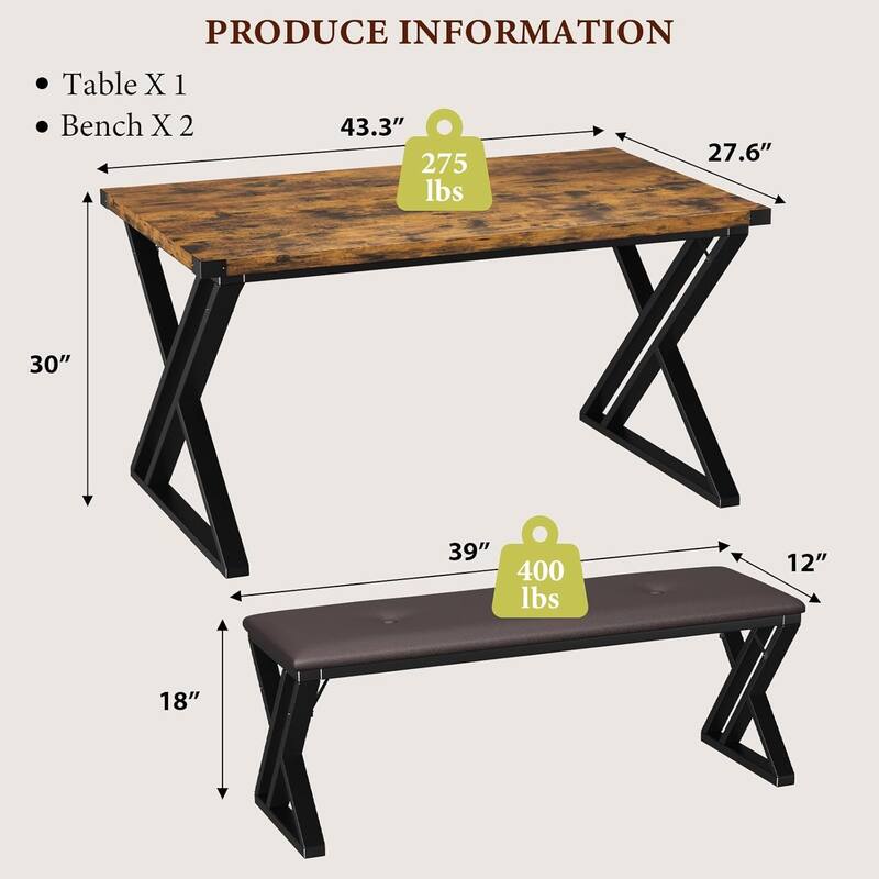 3-Piece Dining Table Set with 2 Benches, Space-Saving Design for Kitchen or Apartment