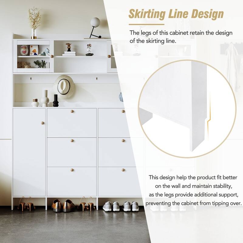 Multifunctional Shoe Cabinet with Storage Shelf & 6 Flip Drawers,Modern Hall Tree with Tempered Glass Doors