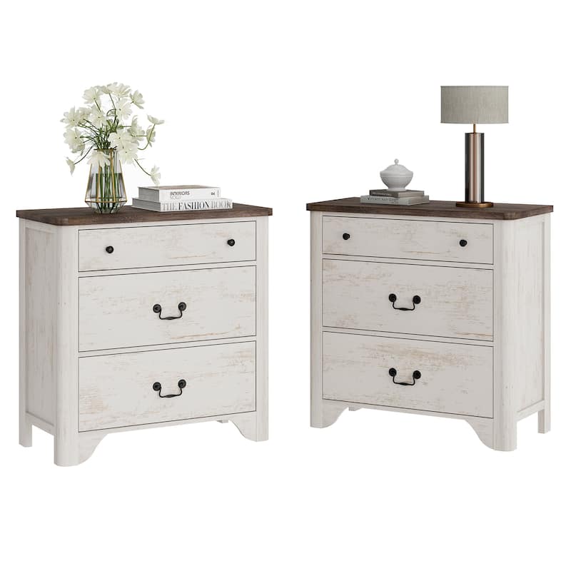 WAMPAT Large Farmhouse Nightstand with 3 Drawers,Wooden End Table