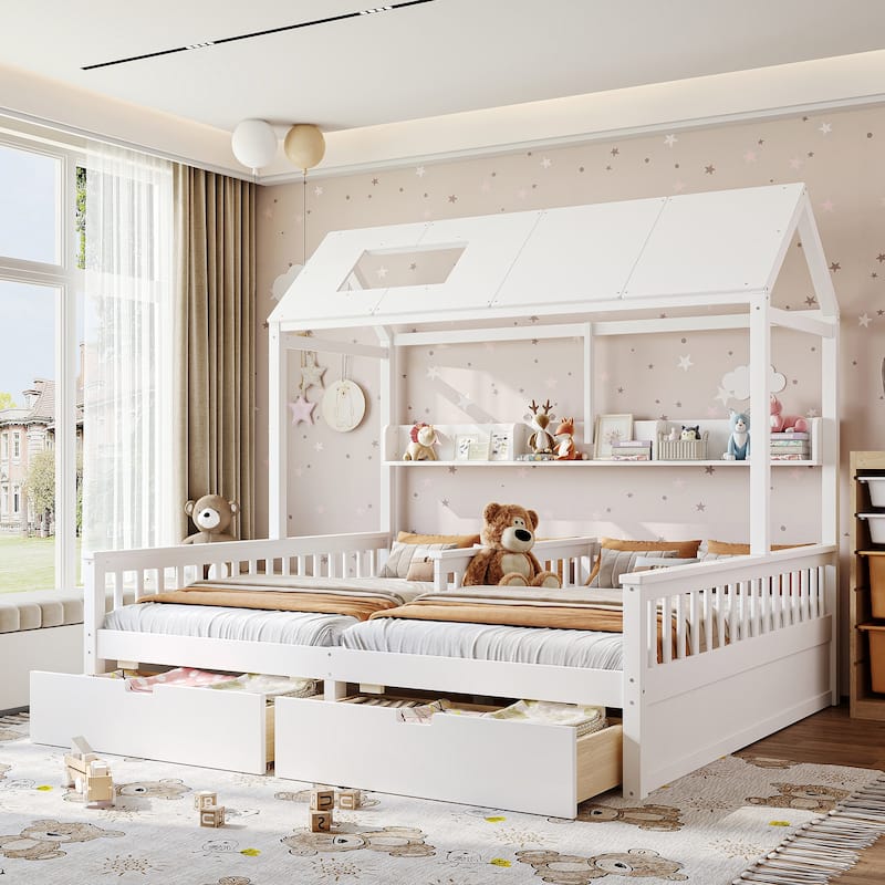 Double Twin Platform Bed with Storage Shelves and Drawers, House Platform Bed with Support Slats, Childlike - White