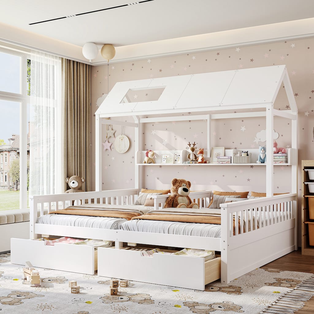 Double Twin Platform Bed with Storage Shelves and Drawers, House Platform Bed with Support Slats, Childlike