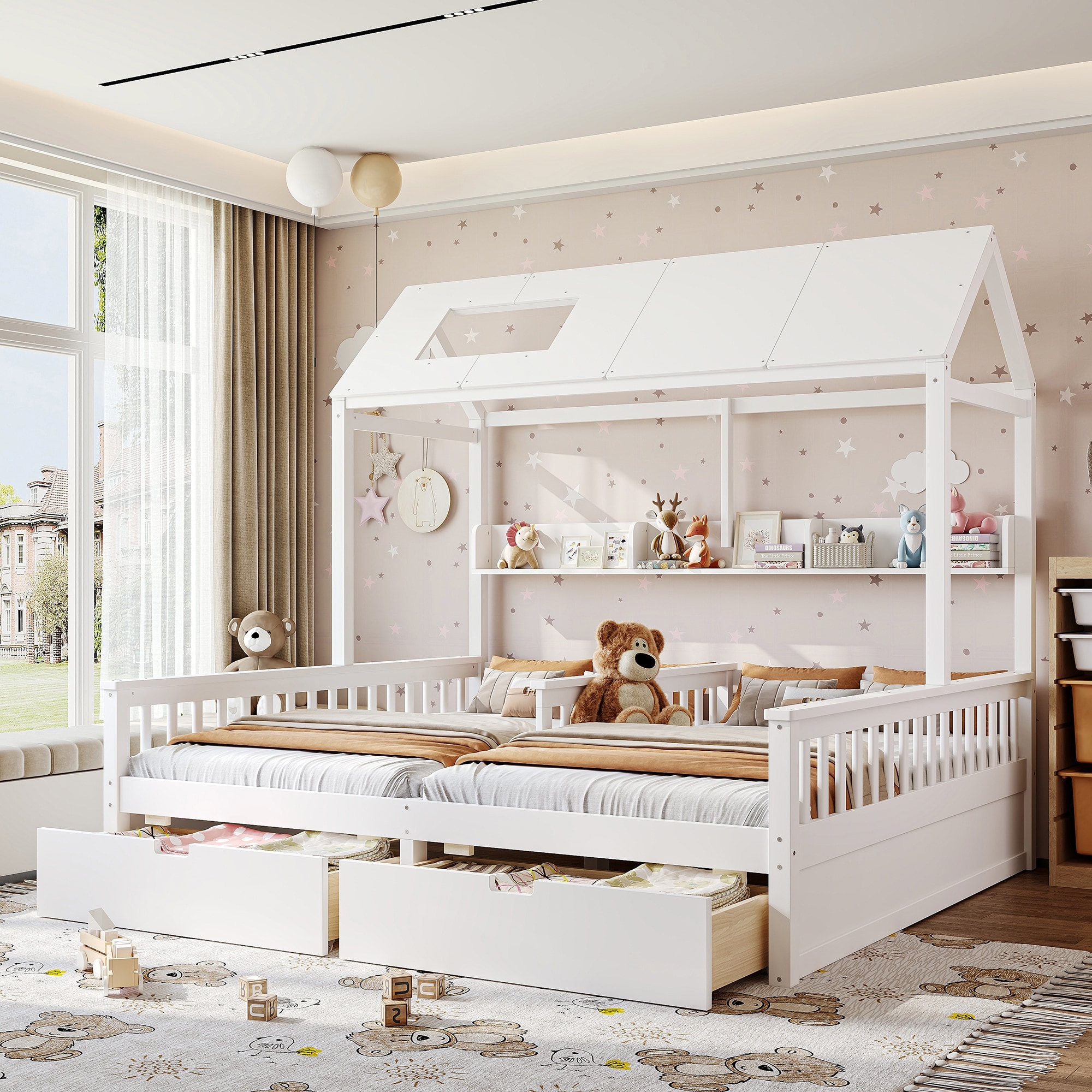 Double Twin Platform Bed with Storage Shelves and Drawers, House Platform Bed with Support Slats, Childlike