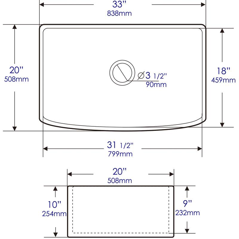 ALFI Brand White Smooth Curved Apron 33" x 20" Single Bowl Fireclay Farm Sink with Grid