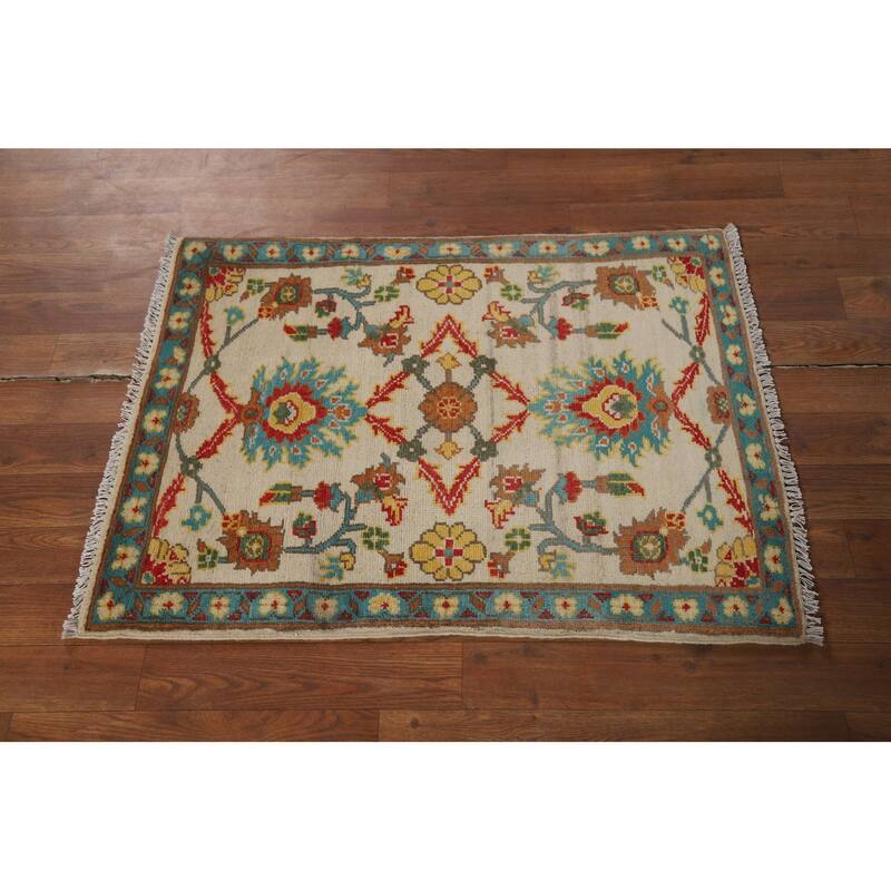 Floral Kazak Oriental Foyer Rug Hand-Knotted Beige Wool Carpet - 2'0" x 3'0"