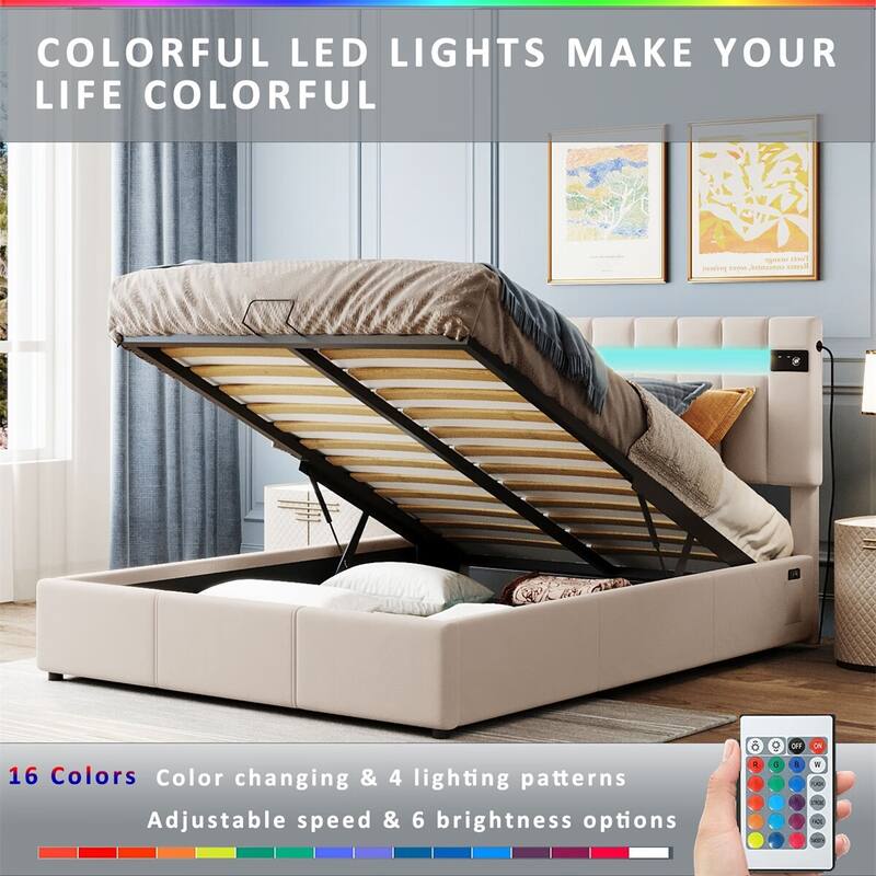 Merax Upholstered Hydraulic Storage Bed with LED light, Bluetooth Player and USB Charging