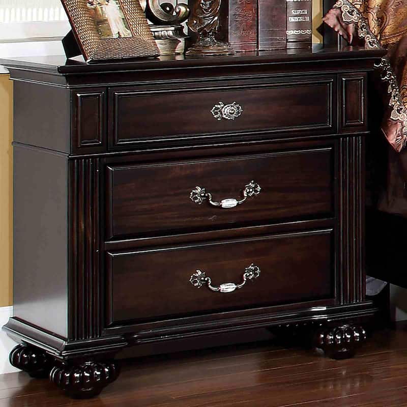 Traditional Dark Walnut Finish 4Pc Bedroom Collection Bed Nightstand Dresser Mirror with Floral Headboard