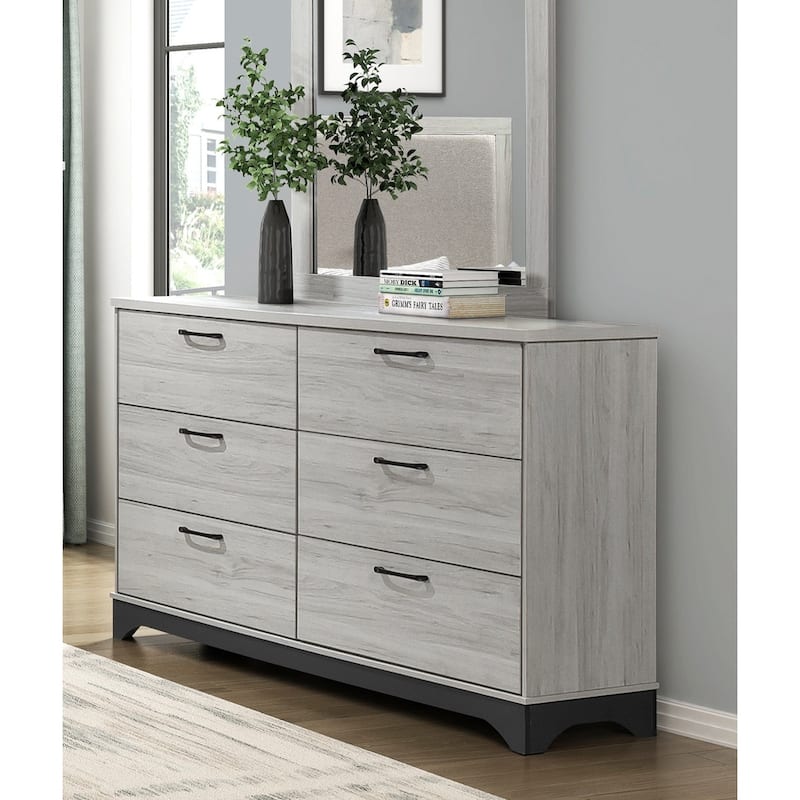 Two-Tone Finish Bedroom Set 3pc Platform Upholstered Bed Dresser Mirror