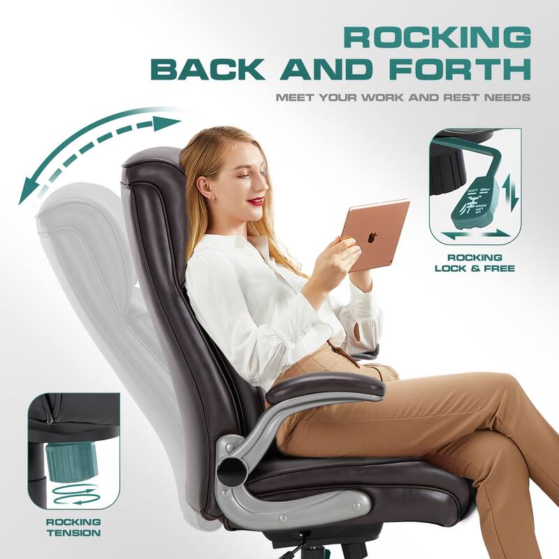 Big & Tall Office Chair 300lbs - Ergonomic High Back with Lumbar Support, Flip-Up Arms & Leather Cushion